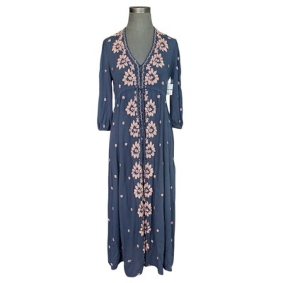 Free People Women’s Boho Blue Pink Embroidered Maxi Dress Size XS Retail $168 - Picture 5 of 10